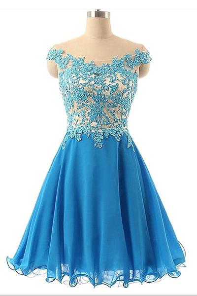 Beautiful Blue Chiffon Short Handmade Prom Dress with Lace Applique ...