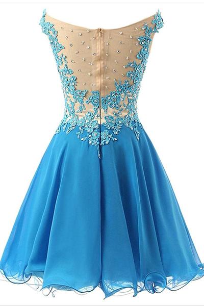 Beautiful Blue Chiffon Short Handmade Prom Dress with Lace Applique, Homecoming Dresses