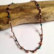 Image of pink pearls, turquoise, & silver crocheted necklace