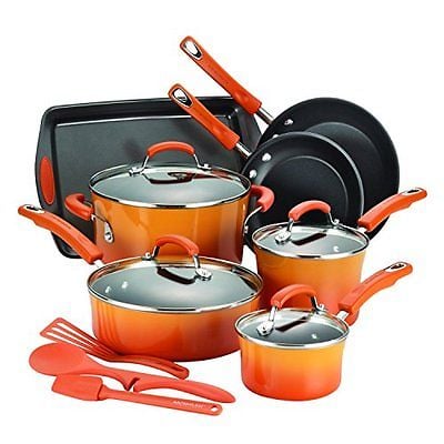 Image of Rachael Ray Cookware Kitchen Set Pots And Pans Non Stick 14-Piece Hard Orange