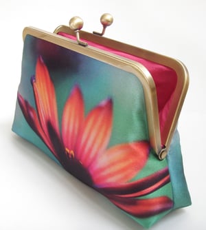 Image of African Daisy, printed silk clutch bag with optional chain handle