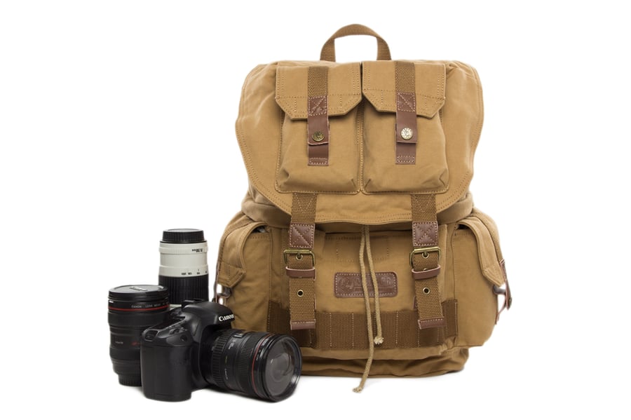 Image of Waxed Canvas DSLR Camera Backpack, Professional Camera Bag, Travel Backpack F2001