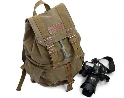 Image of Waxed Canvas Camera Backpack, Professional DSLR Camera Bag, Travel Backpack FB-1235