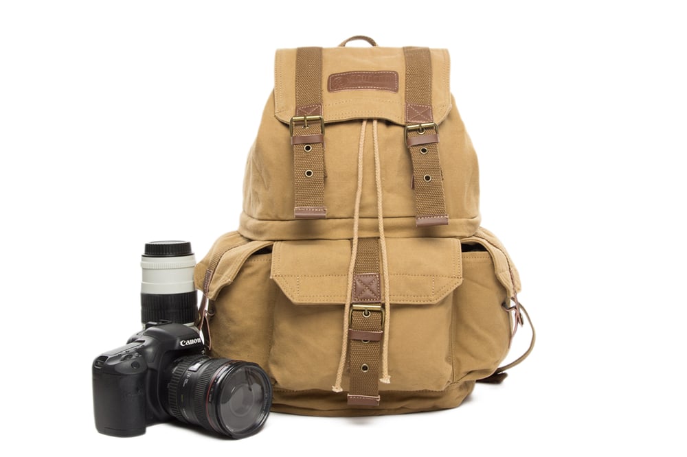 Image of Waxed Canvas Camera Backpack, Professional DSLR Camera Bag, Travel Backpack FB-1235