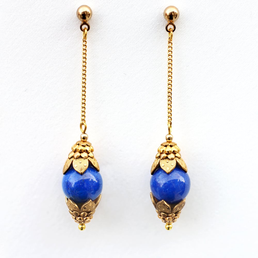 Image of Gold Chain Earrings, Lapis Lazuli Earrings, Blue Dangle Earrings, Ornate Drop Earrings
