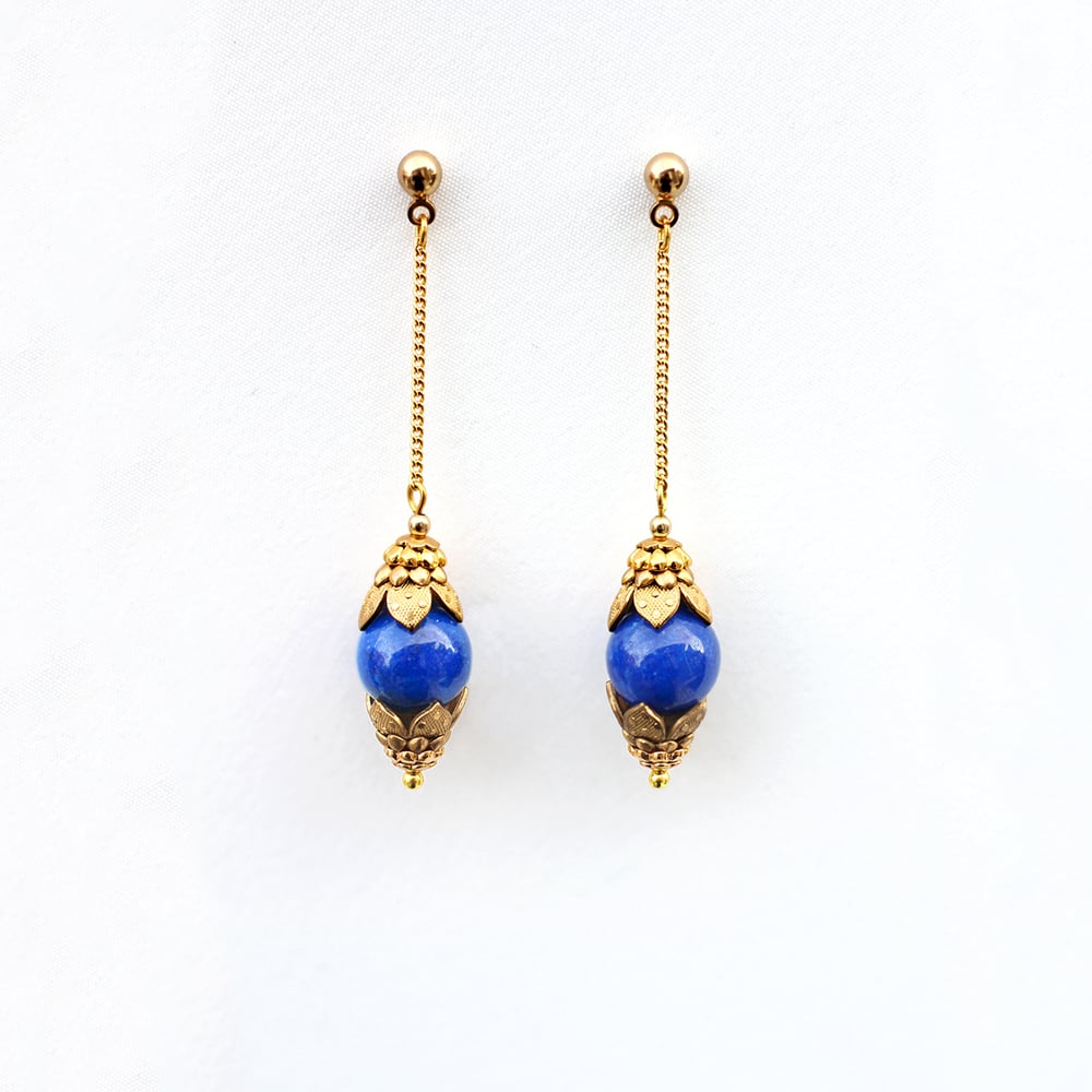 Image of Gold Chain Earrings, Lapis Lazuli Earrings, Blue Dangle Earrings, Ornate Drop Earrings