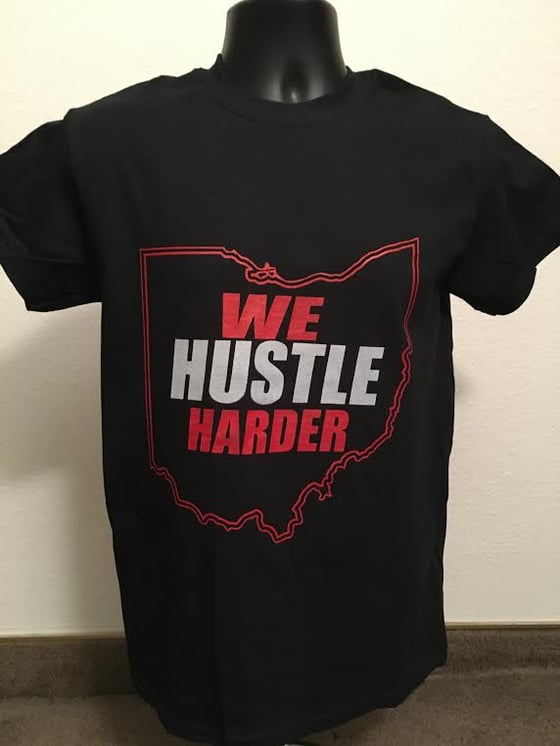 Image of We Hustle Harder (Black shirt scarlet and gray)