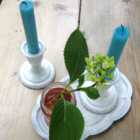 Image of 2 Short Painted White Enamel Candleholders