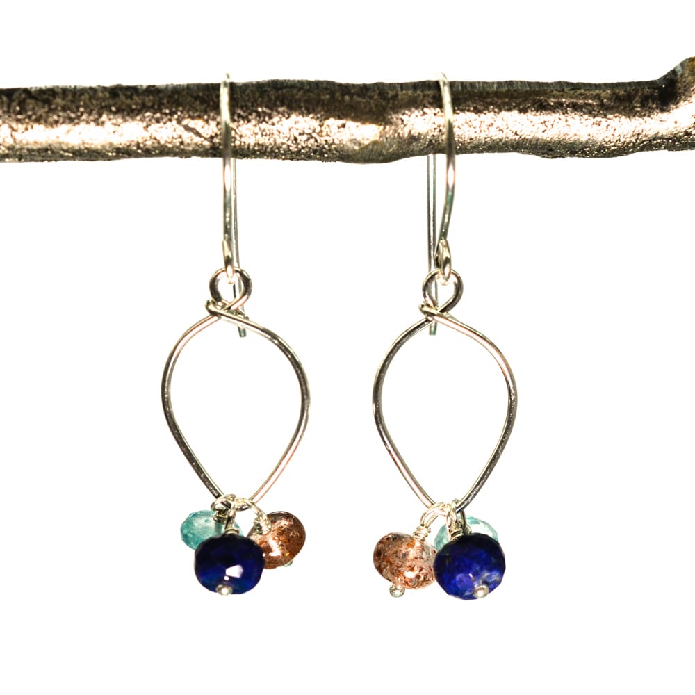 Image of Lapis lazuli earrings sterling silver sunstone rainbow moonstone lotus loop