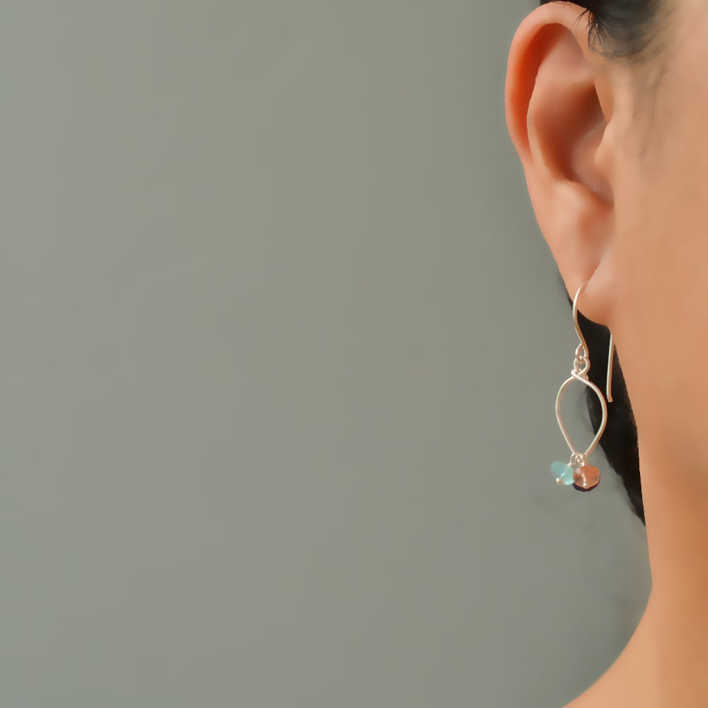 Image of Lapis lazuli earrings sterling silver sunstone rainbow moonstone lotus loop