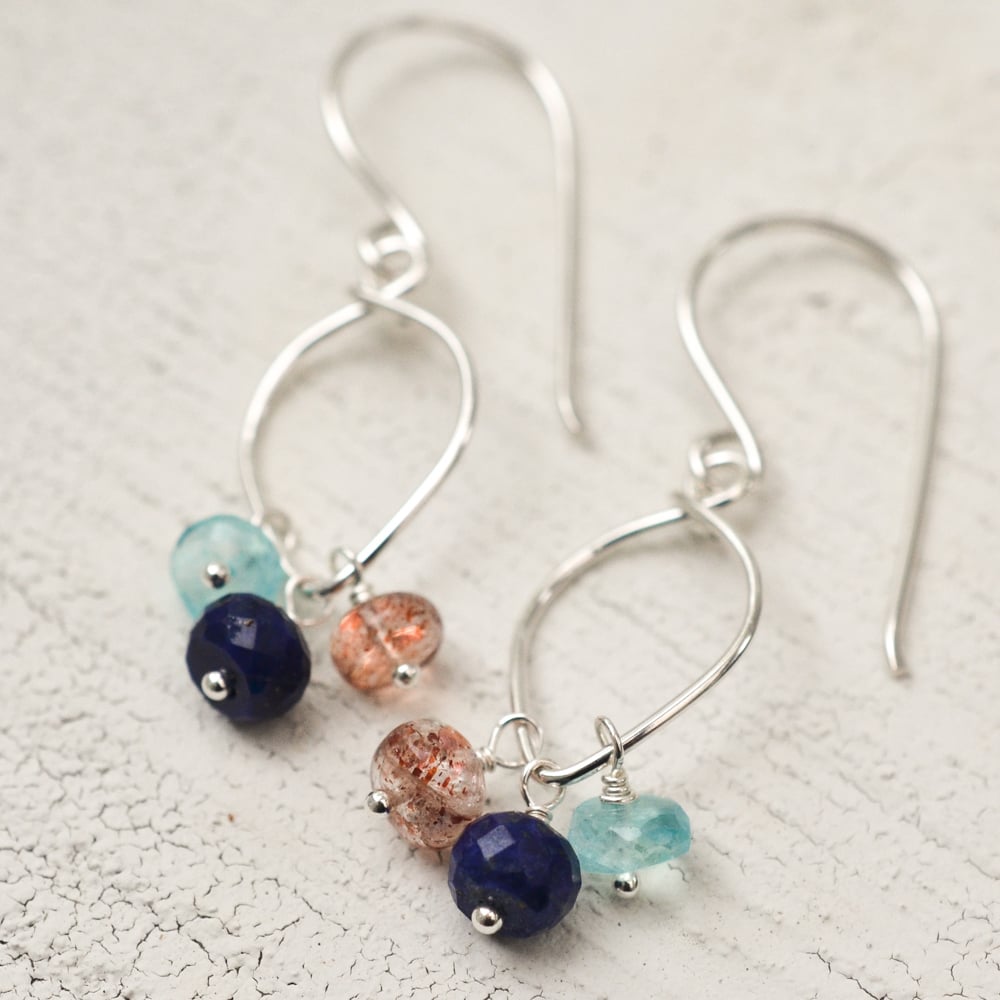 Image of Lapis lazuli earrings sterling silver sunstone rainbow moonstone lotus loop