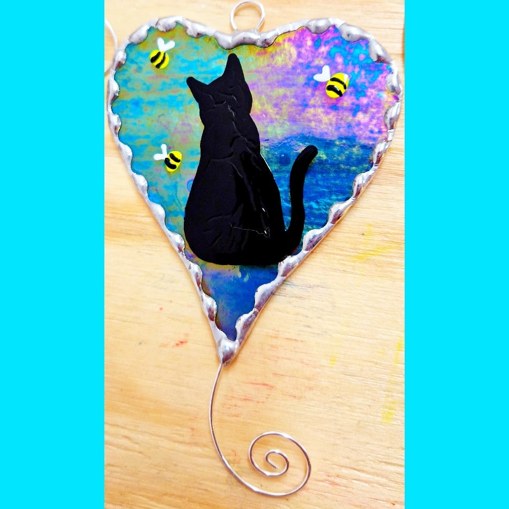 Image of Handpainted Black Cat and Bee Heart