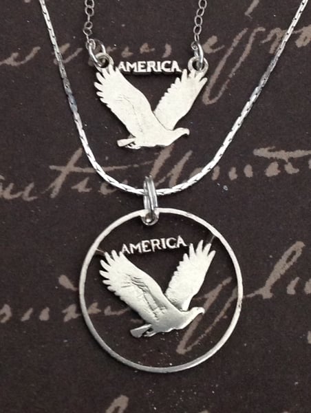 Image of Patriotic Cut Coin Jewelry from genuine AMERICA Liberty silver eagle quarter on necklace