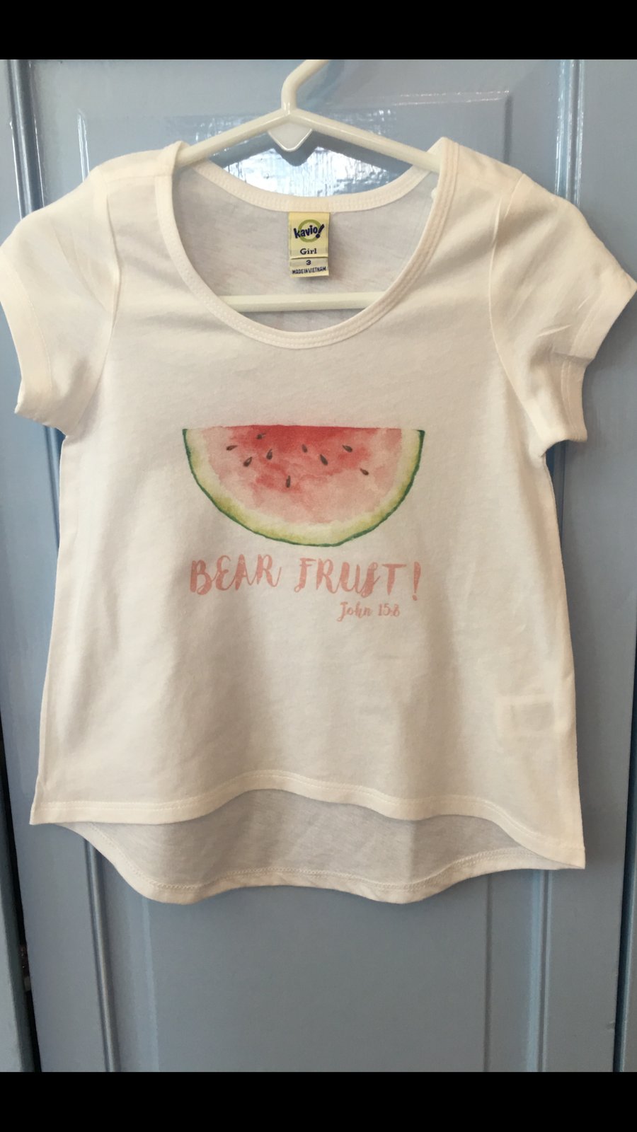 Image of BEAR FRUIT - John 15:8 - White Girls High-Low Tee with Watermelon