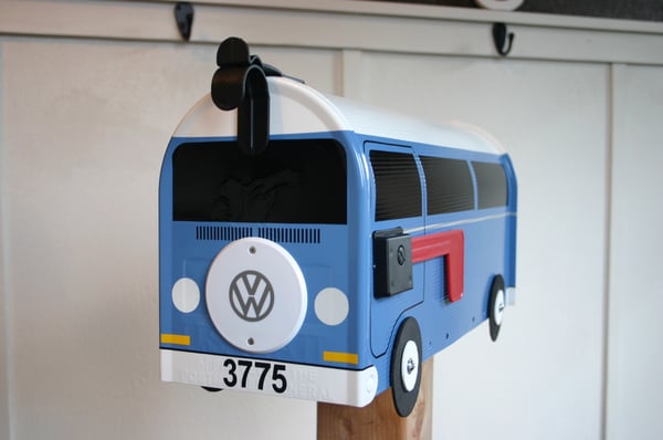 Image of Blue Volkswagen Bay Window Bus Mailbox With Spare Tire By TheBusBox - Choose Your Color
