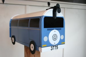 Image of Blue Volkswagen Bay Window Bus Mailbox With Spare Tire By TheBusBox - Choose Your Color