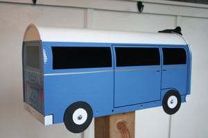 Image of Blue Volkswagen Bay Window Bus Mailbox With Spare Tire By TheBusBox - Choose Your Color