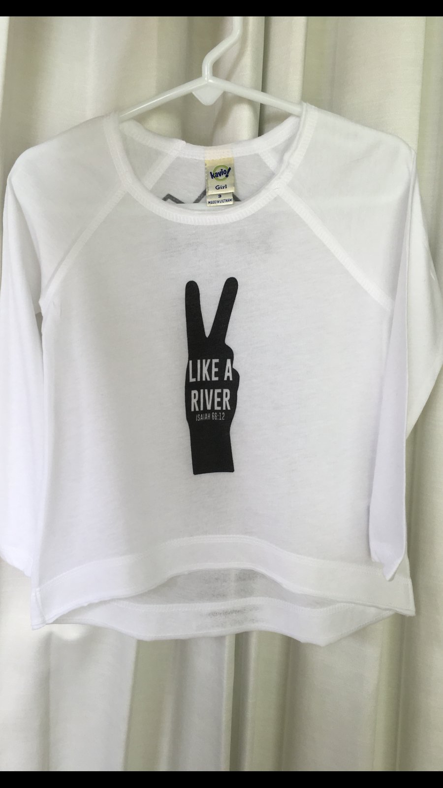 Image of PEACE LIKE A RIVER - Isaiah 66:12 - White Girls High-Low Long Sleeve Tee with Black