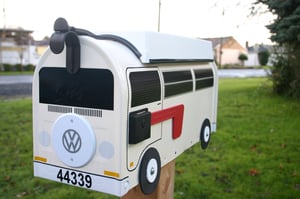 Image of Heirloom White Bay Window VW Bus Camper with Spare Tire Cover by TheBusBox - Choose Your Color