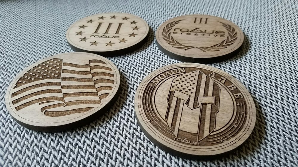 Image of Molon Labe 3% Laser engraved Walnut wood drink coaster set of 4