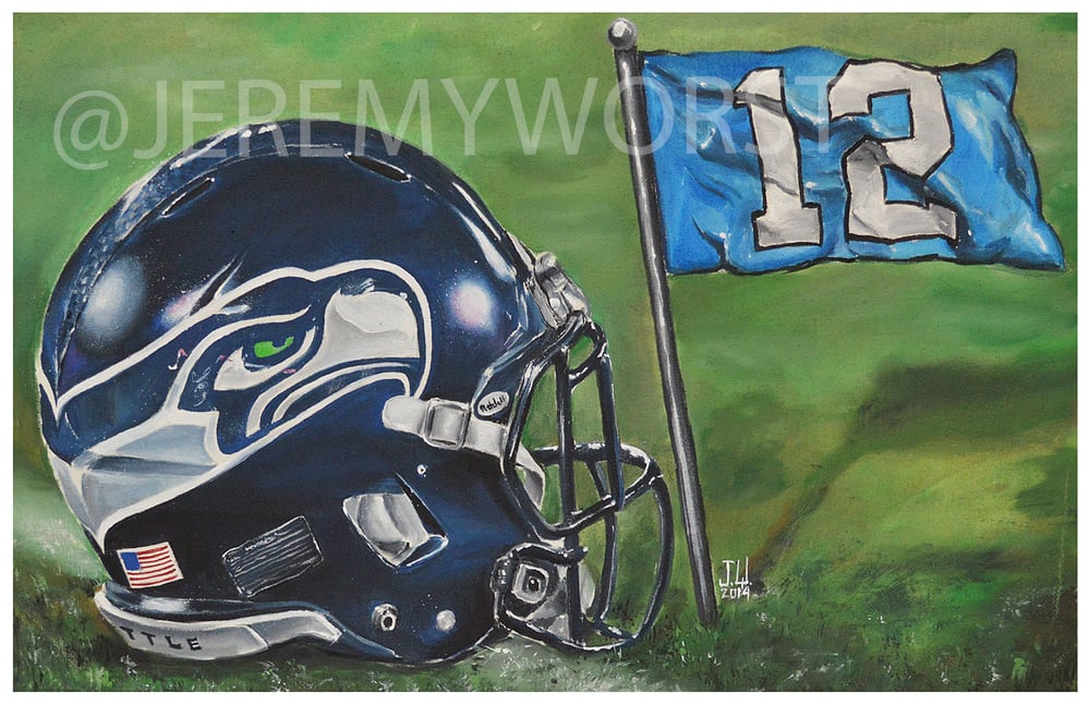 Image of JEREMY WORST Seattle Seahawks Painting Print Artwork helmet nfl football helmet player sports