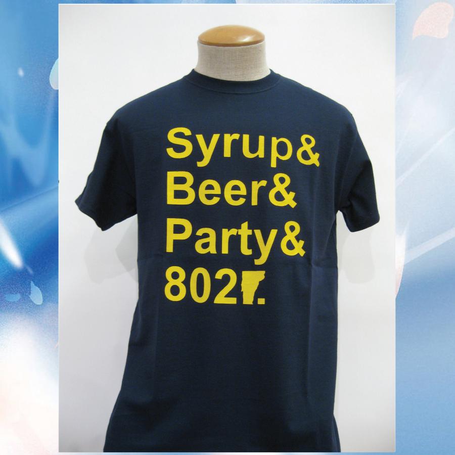 Image of Syrup, Beer, Party and 802 Vermont T-Shirt - Navy w/ Yellow