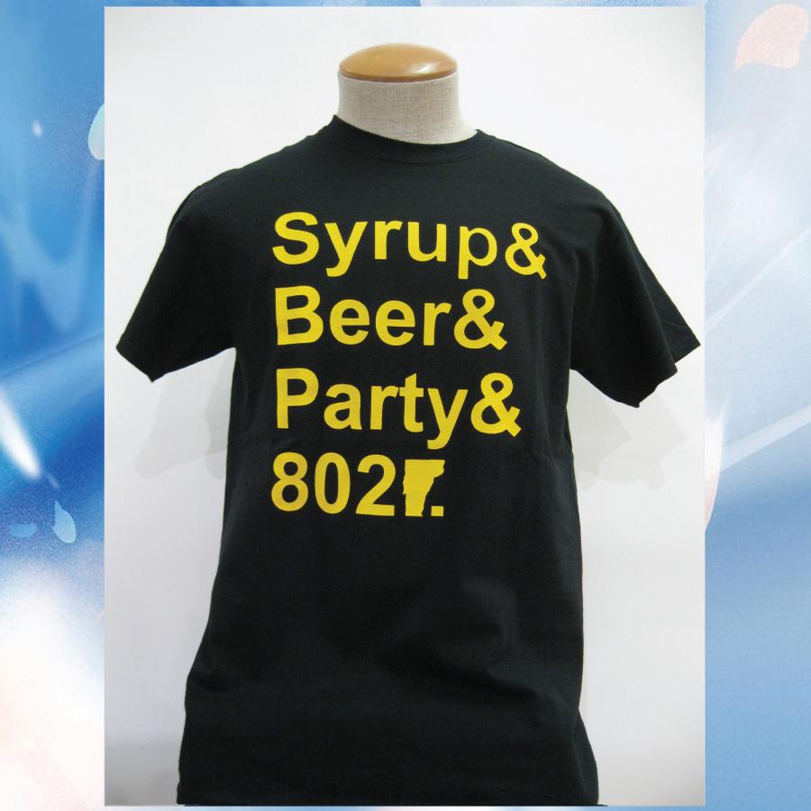 Image of Syrup, Beer, Party and 802 Vermont T-Shirt - Black w/ Yellow
