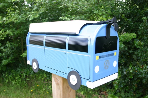 Image of Blue Volkswagen Bay Window Camper Bus by TheBusBox VW Westy