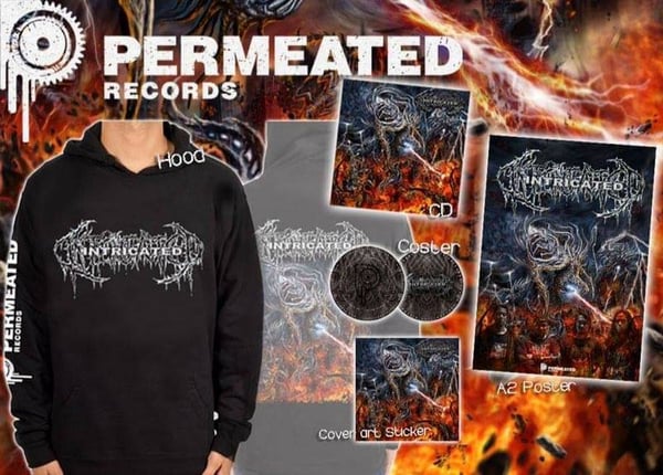 Image of Intricated - Vortex Of Fatal Depravity CD + Hoodie + Poster + Coster Combo
