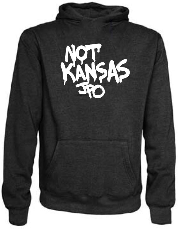 Image of NOT KANSAS HOODIE in Heather Black with White lettering