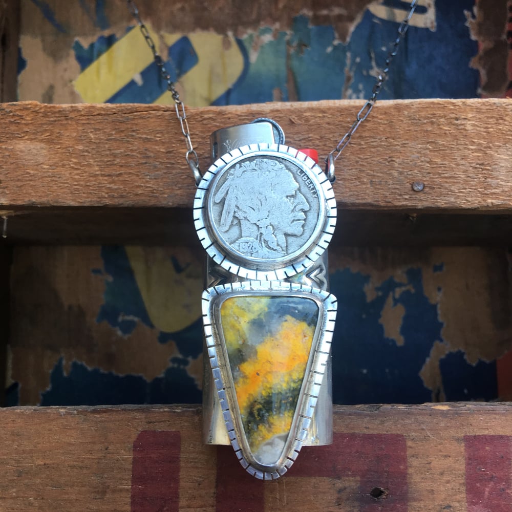 Image of REVERSIBLE BUMBLE BEE JASPER, NICKEL AND TURQUOISE LIGHTER NECKLACE