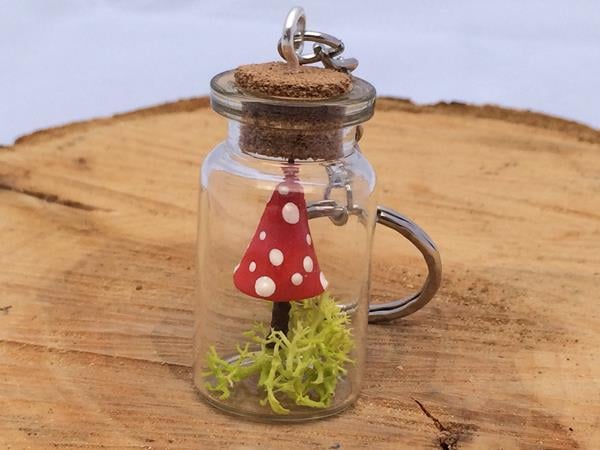 Image of Keyring / keychain - handcrafted toadstool in a glass bottle