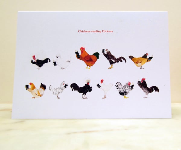 Image of Chickens reading Dickens Card
