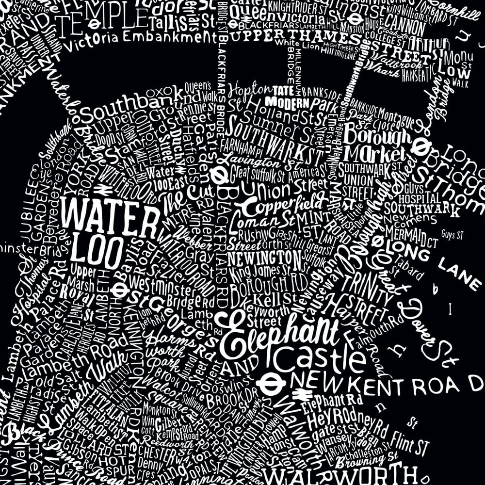 Typographic Street Map Of Central London (Black)