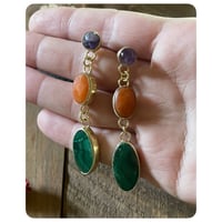 Image 2 of Triple Stone Post Earrings - Amethyst Aventurine and Malachite 