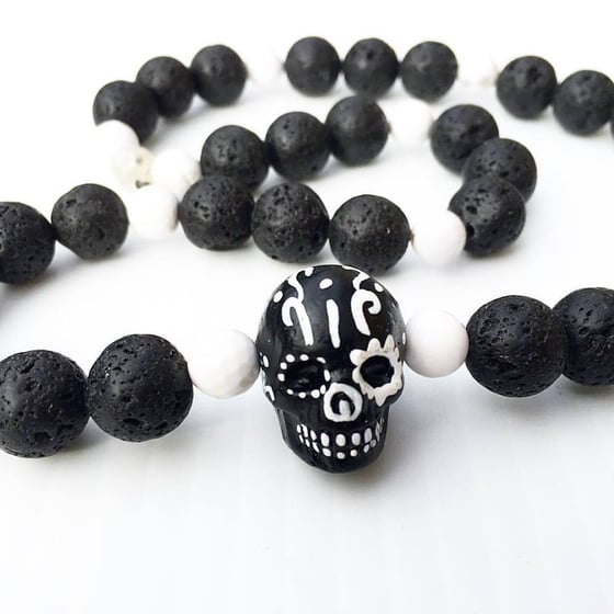 Image of Dia De Los Muertos~Hand Painted Skull with Dragon Veined Agate and Bsalat