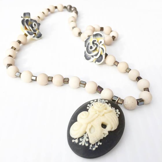 Image of Dia De Los Muertos~Carved Bone Catrina with Bone and Hematite
