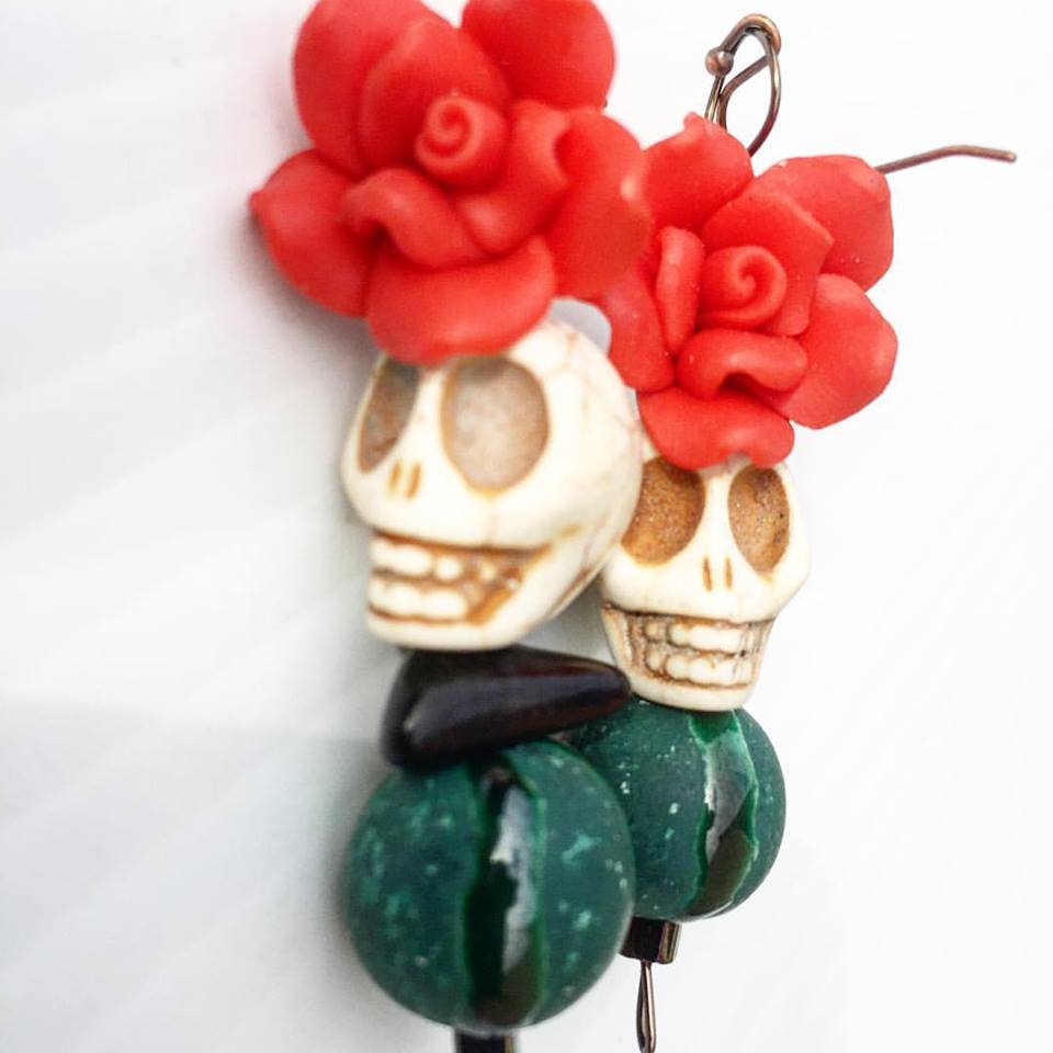 Image of Dia de los Muertos ~ Frida Inspired Howlite Carved Skull and Jasper with hand made ceramic bead
