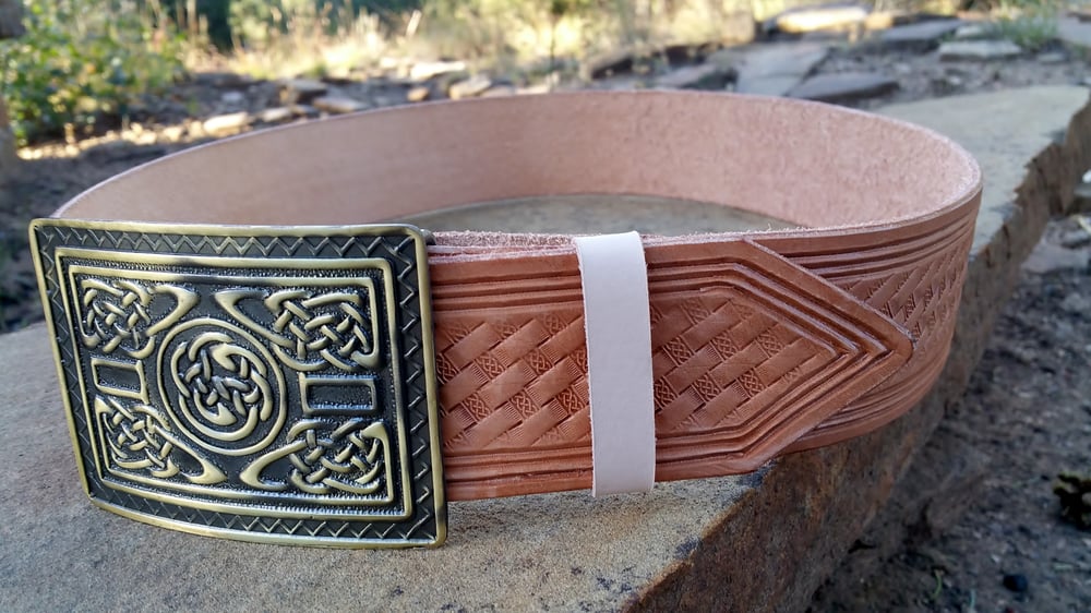 Image of Custom Hand Tooled Leather Kilt Belt. Your image/design or idea. 2 1/4" wide