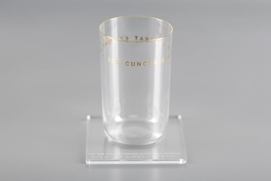 Image of VERBA water glass with Latin inscription in gold