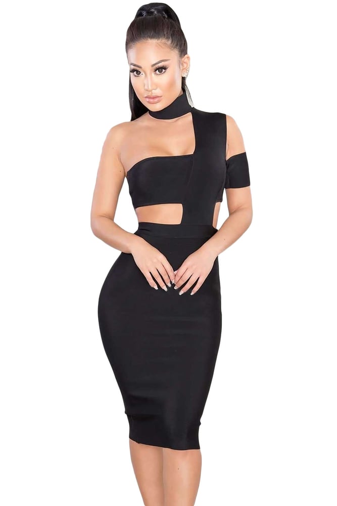 Shanae Black Neck out Bandage Dress | Iconic