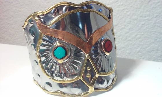 Image of Owl-Large Metal Silver Cuff -Wide Chunky Bracelet