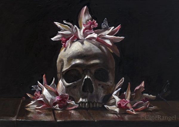 Image of Skull with Cymbidium Orchids - Framed Original Painting 