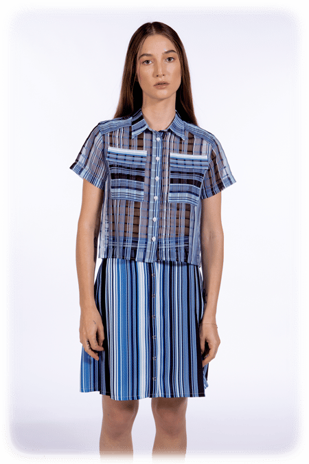 Image of Cropped Short Sleeve Shirt With Pockets - Cobalt Stripe