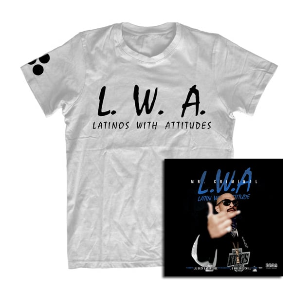 Image of L.W.A. LATINOS WITH ATTITUDES WHITE T-SHIRT WITH CD