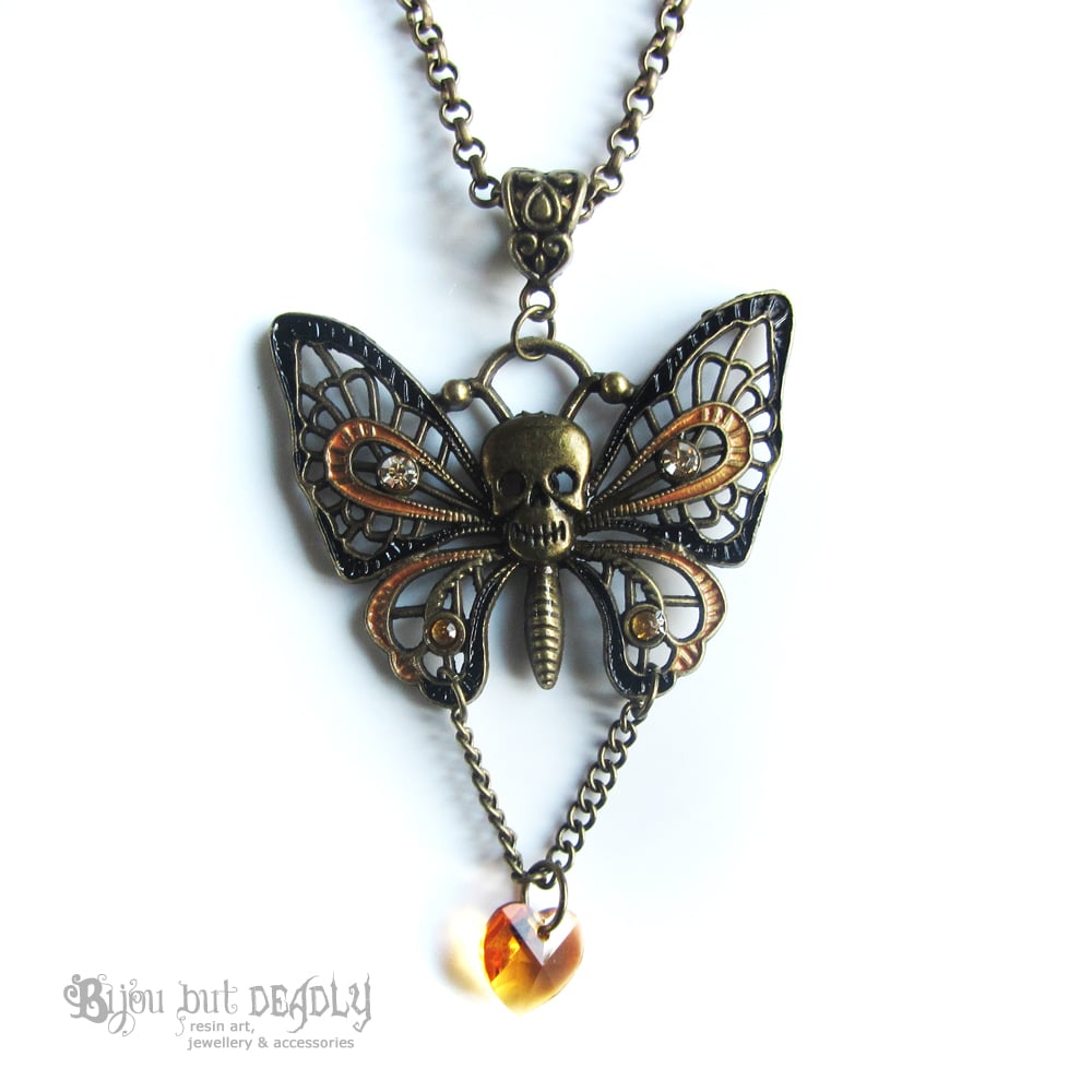 Enamel Skull Butterfly Necklace - Bronze
