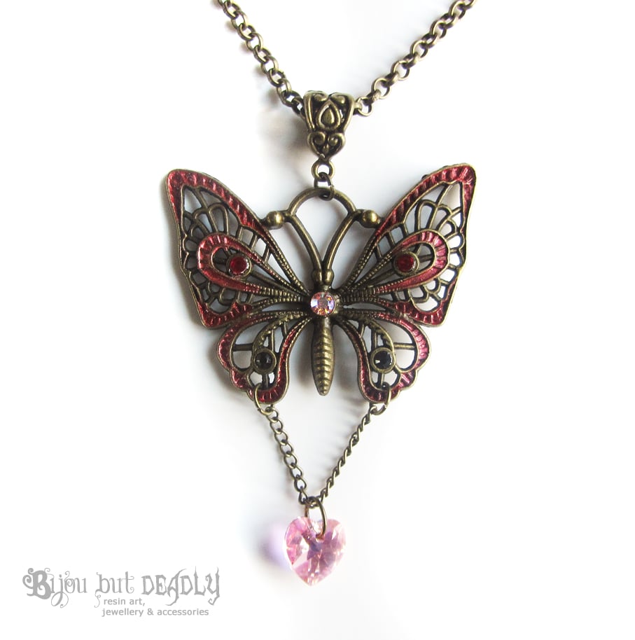 Enamel Butterfly Crystal Necklace - Bronze
