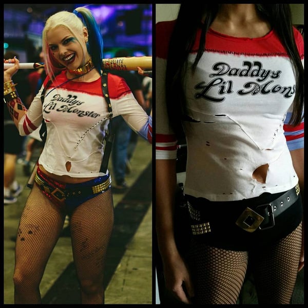 Image of Handmade Ripped Torn Style Inspired Harley Q Shirt Daddy's Lil Monster Suicide Squad