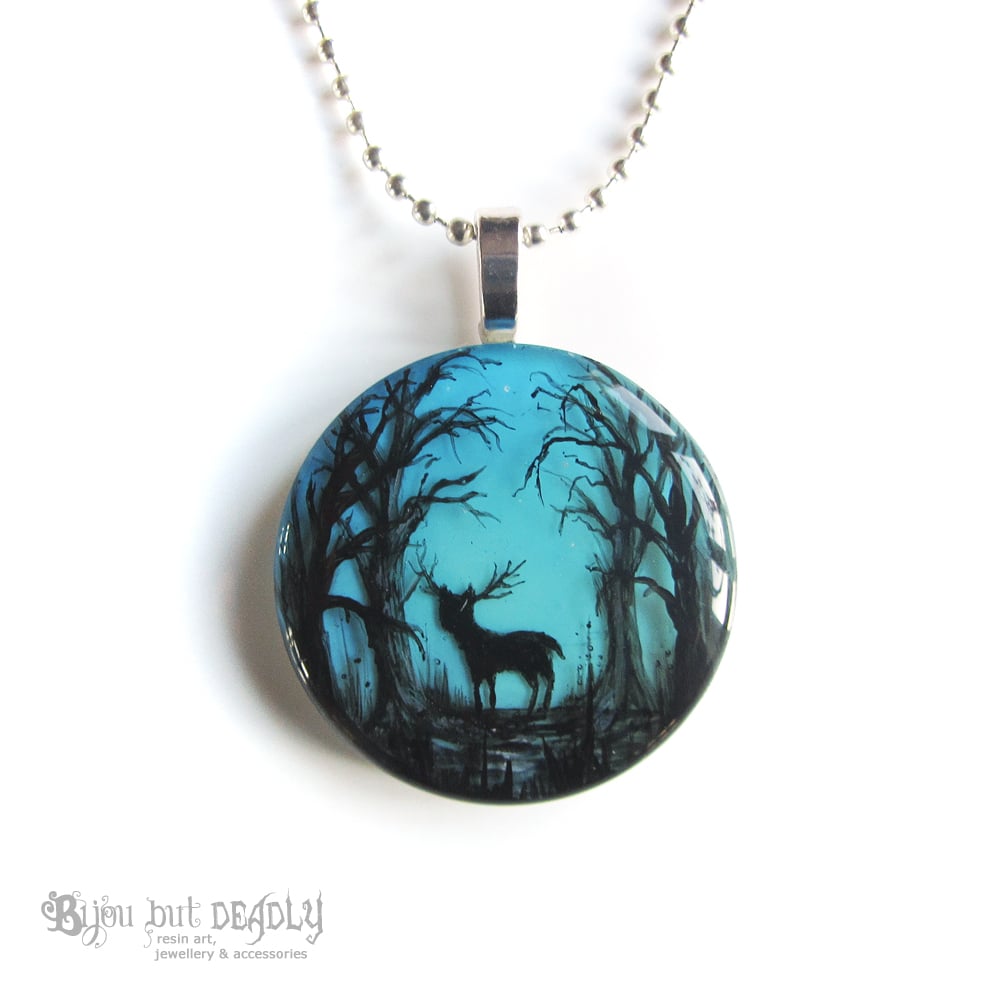 Stag in Blue Enchanted Forest Pendant