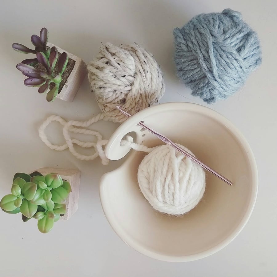 Image of White Ceramic Yarn Bowl, Yarn Bowl, Knitting Bowl, Crochet Bowl, Pottery Yarn Bowl,
